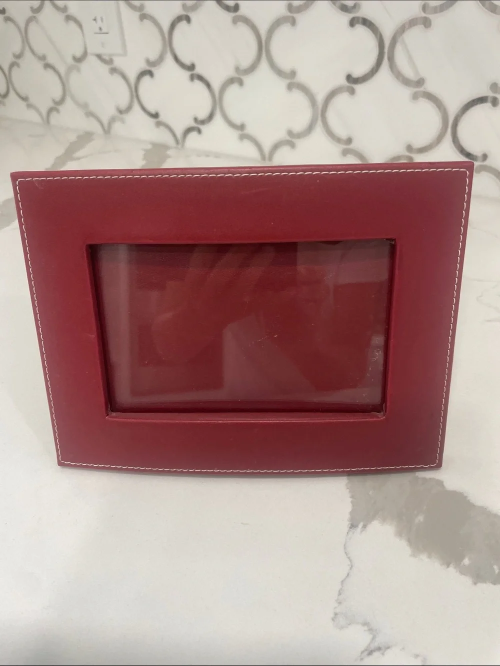 Classic Red Leather Photo Frame with White Stitching